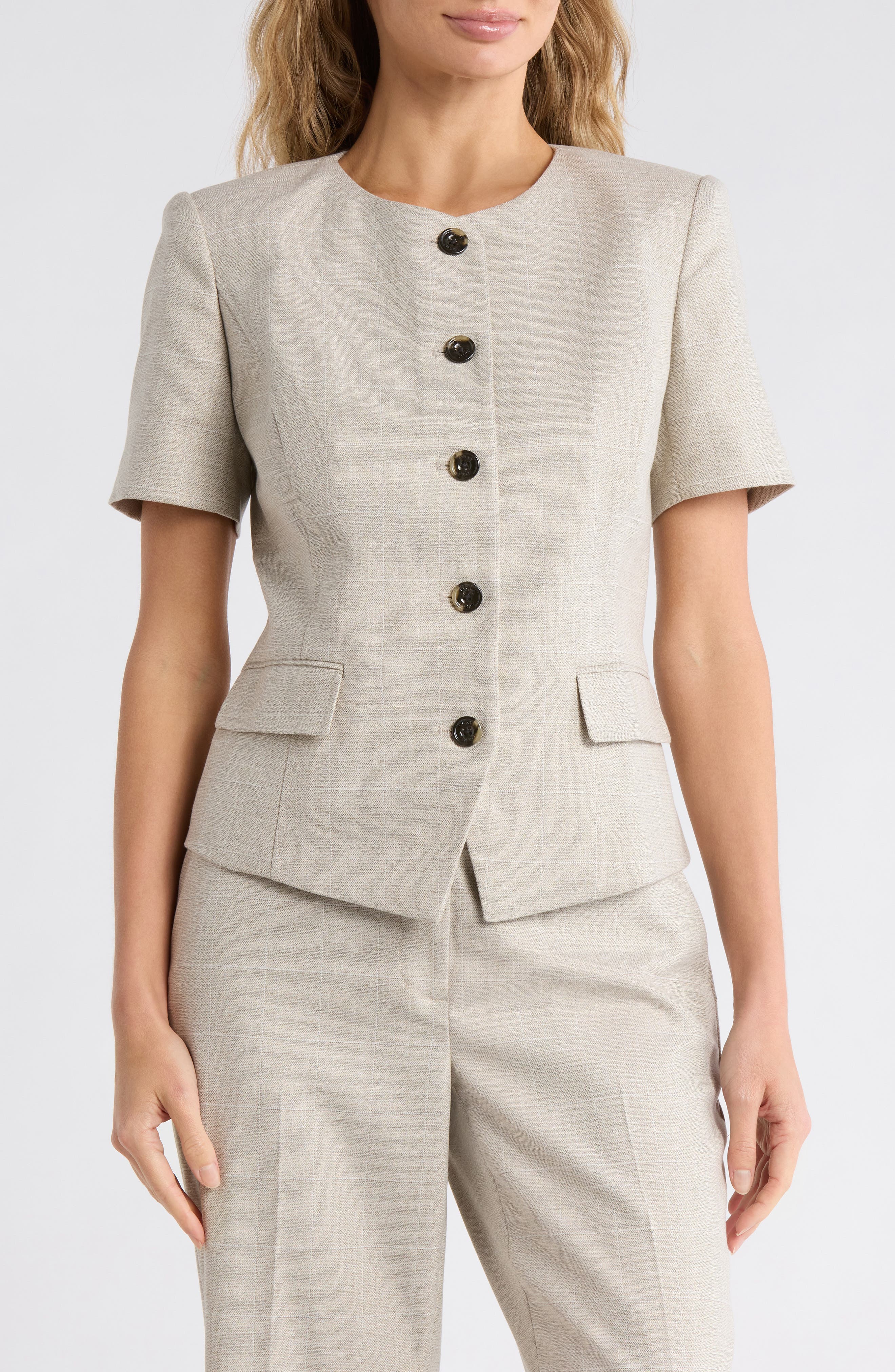 DKNY Windowpane Short Sleeve Mélange Jacket
