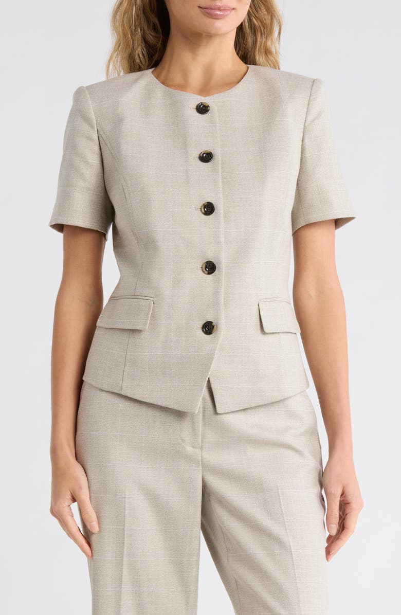 DKNY Windowpane Short Sleeve Mélange Jacket, Main, color, Pebble/ White Combo