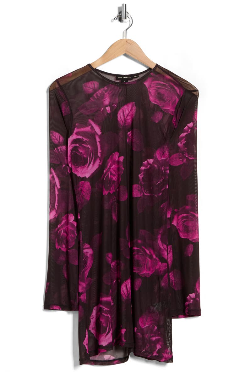 Good American Long Sleeve Mesh Minidress, Main, color, Dark Spaced Roses001