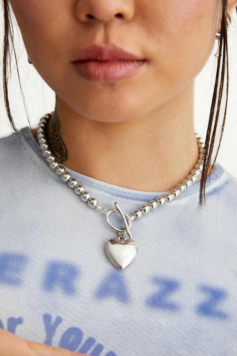 Hematite Necklace With Steel Heart Charm, Alternate, color, Silver