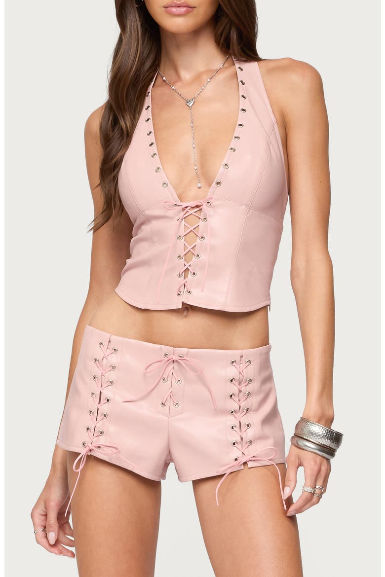 Elisha Lace-Up Faux Leather Halter Top, Main, color, PINK