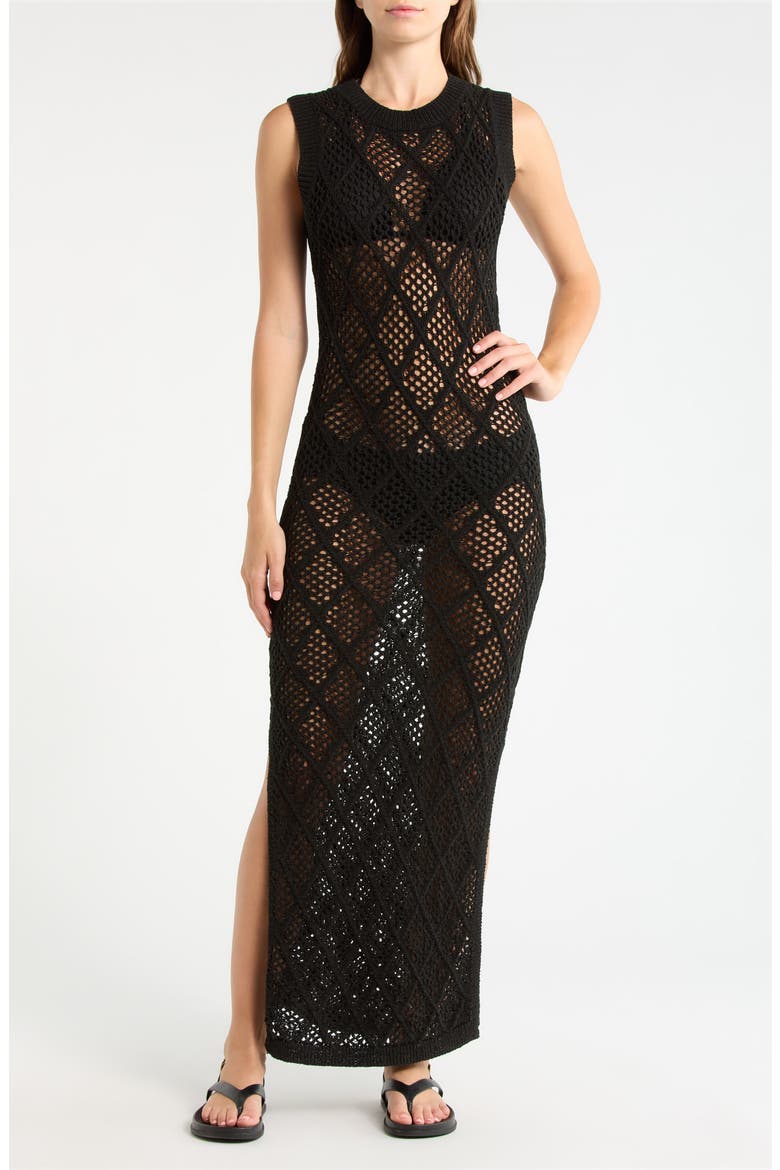 Open Stitch Ruffle Hem Cover-Up Maxi Dress, Main, color, BLACK