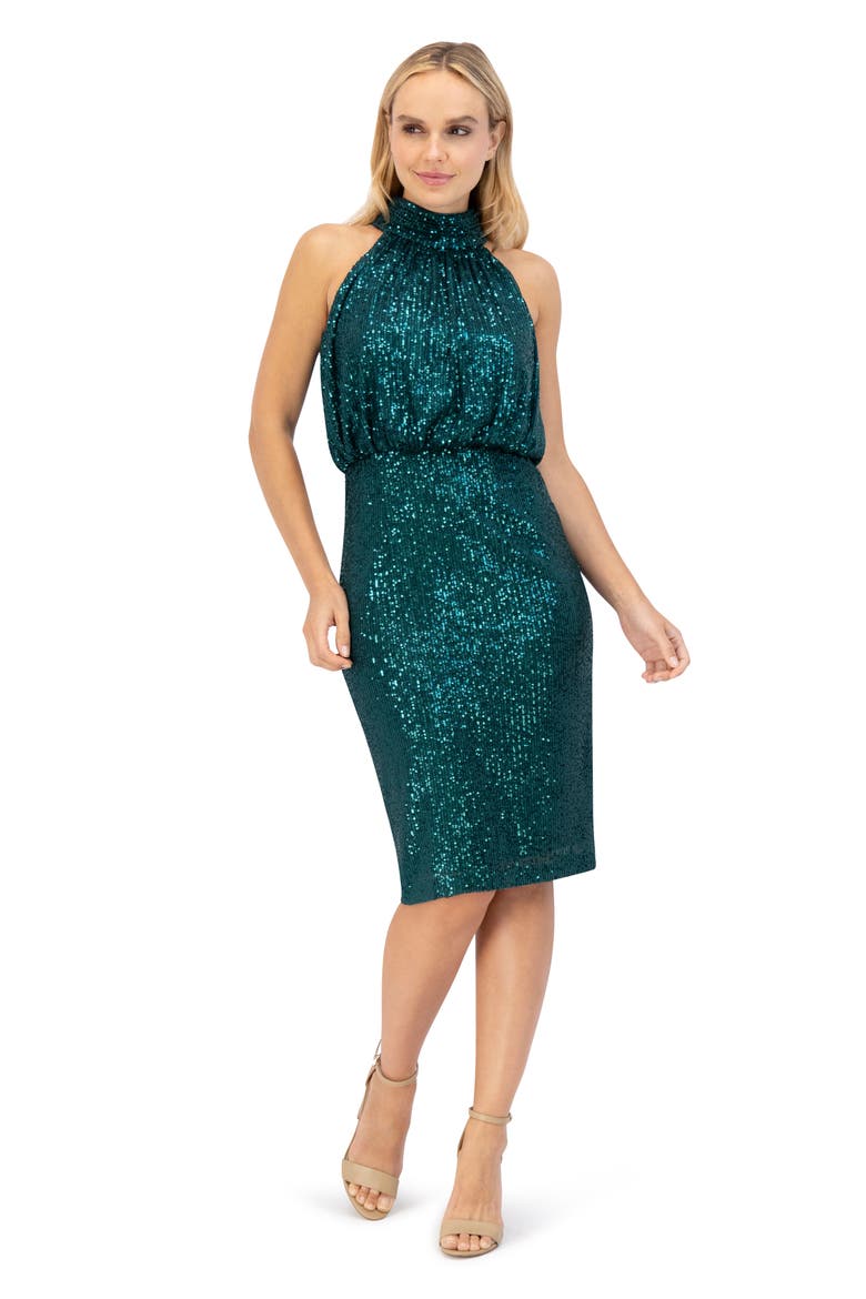 Sequin Mock Neck Cocktail Dress, Alternate, color, EMERALD