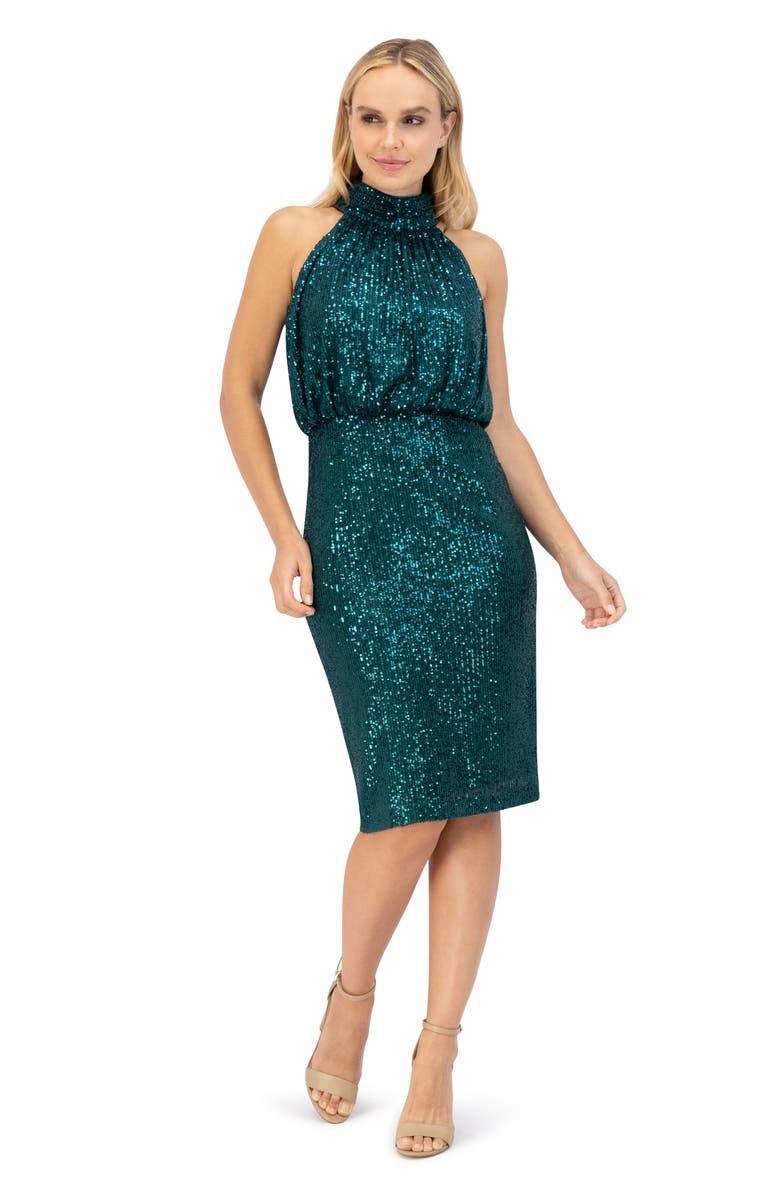Eliza J Sequin Mock Neck Cocktail Dress, Alternate, color, Emerald