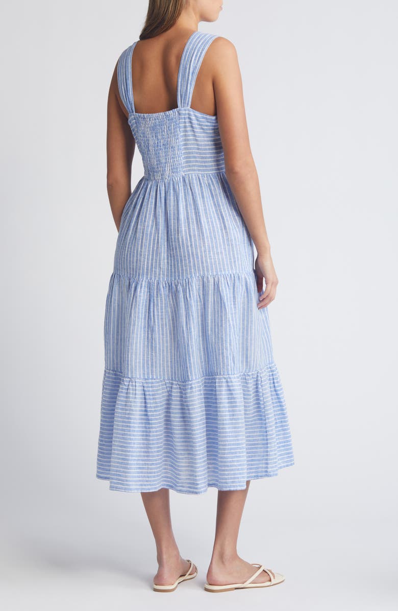 beachlunchlounge Lina Stripe Linen & Cotton Tiered Midi Sundress, Alternate, color, 