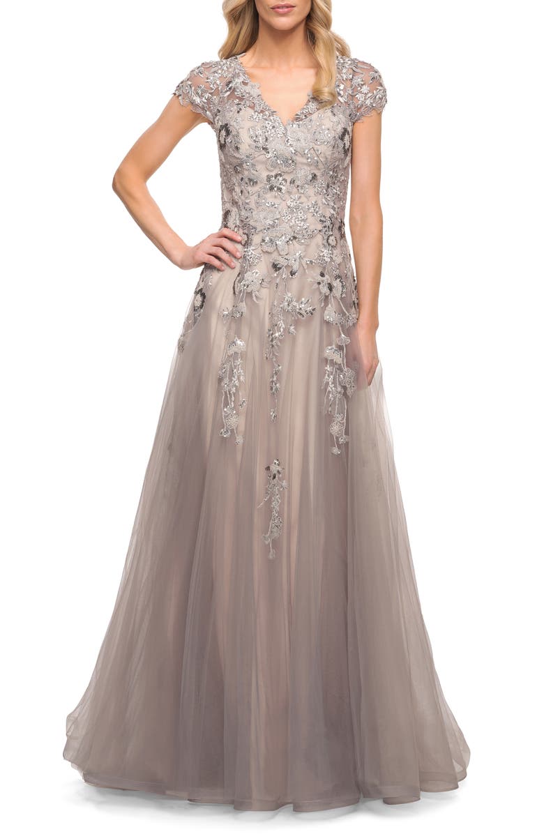 La Femme Beaded Lace Tulle A-Line Gown, Main, color, 