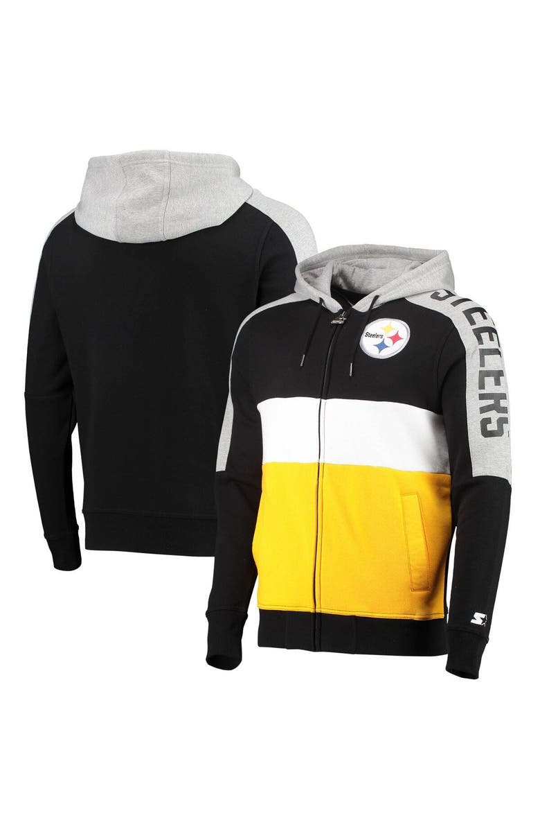 STARTER Men's Starter Black/Gold Pittsburgh Steelers Playoffs Color Block Full-Zip Hoodie, Main, color, Black