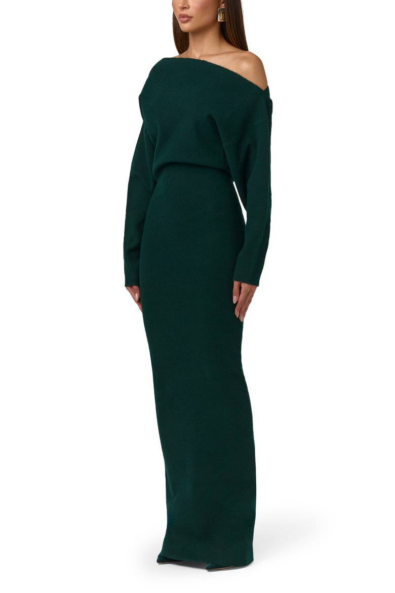 One-Shoulder Long Sleeve Maxi Sweater Dress, Alternate, color, NOIR GREEN