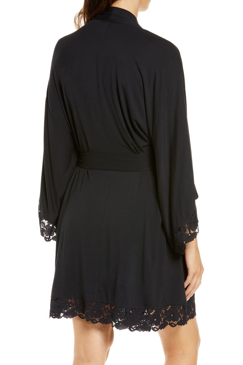 Naya Lace Trim Jersey Knit Robe, Alternate, color, BLACK