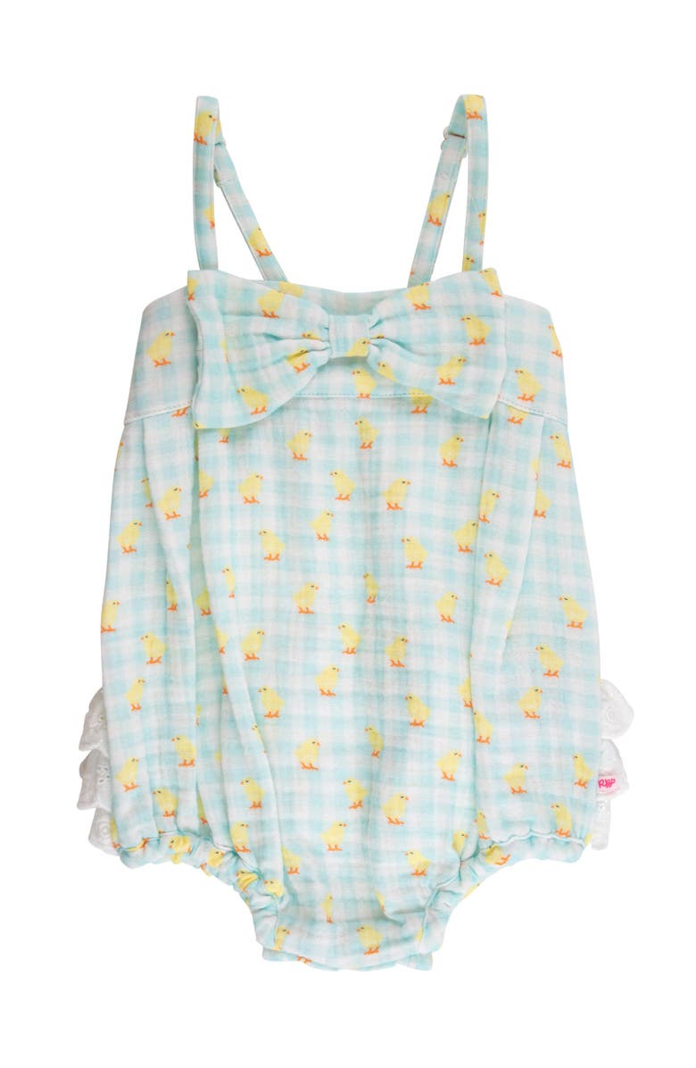RuffleButts Baby Girls Cotton Gauze Bow Front Bubble Woven Romper, Main, color, 