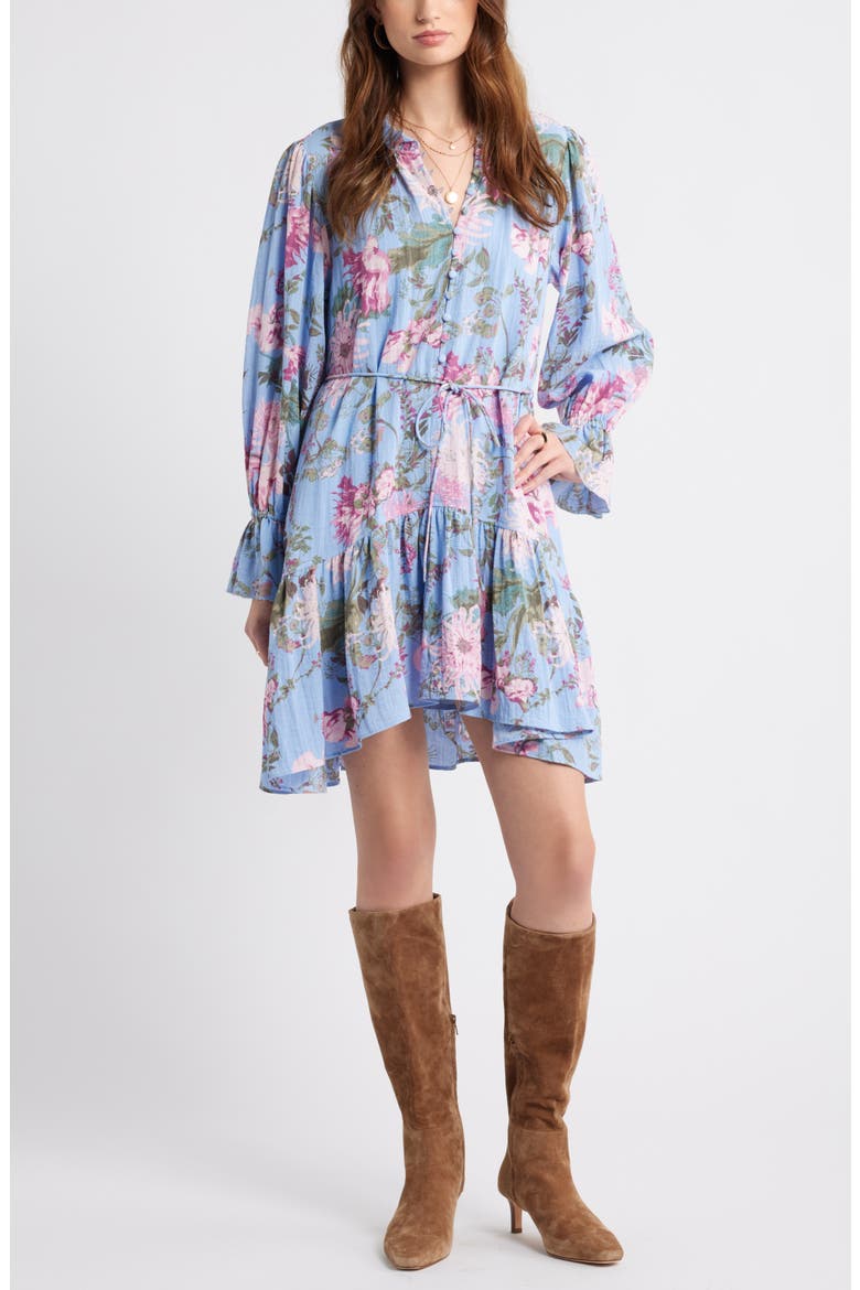 Floral Long Sleeve Drop Waist Dress, Main, color, BLUE GARDEN FLORAL