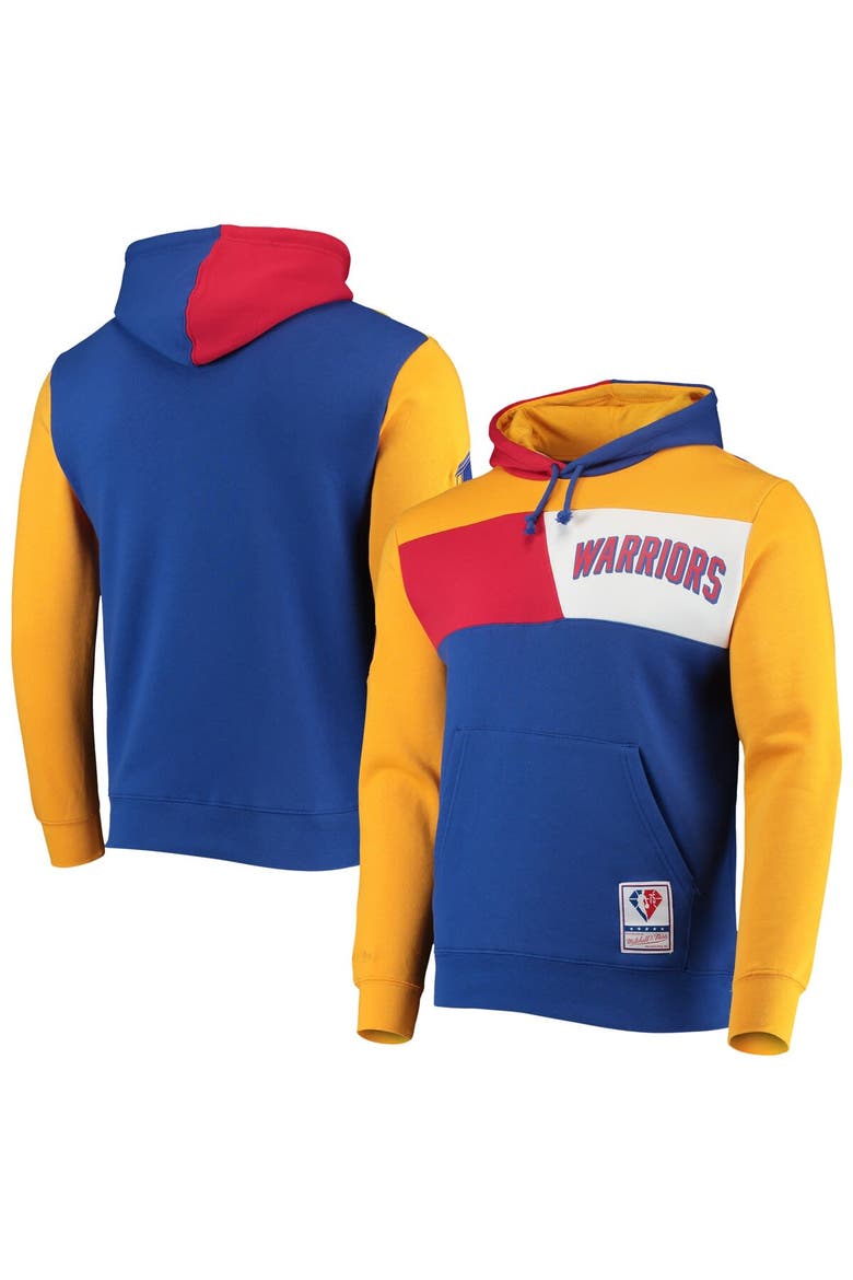 Men's Mitchell & Ness Royal San Francisco Warriors Hardwood Classics 75th Anniversary Colorblock Pullover Hoodie, Main, color, Royal