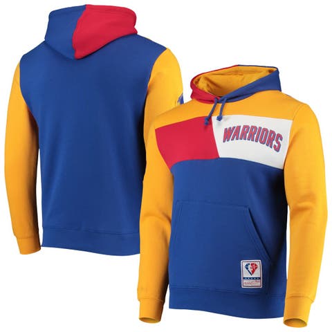 Men's Mitchell & Ness Royal San Francisco Warriors Hardwood Classics 75th Anniversary Colorblock Pullover Hoodie