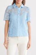 Nanette Lepore Lace Short Sleeve Button-Up Shirt