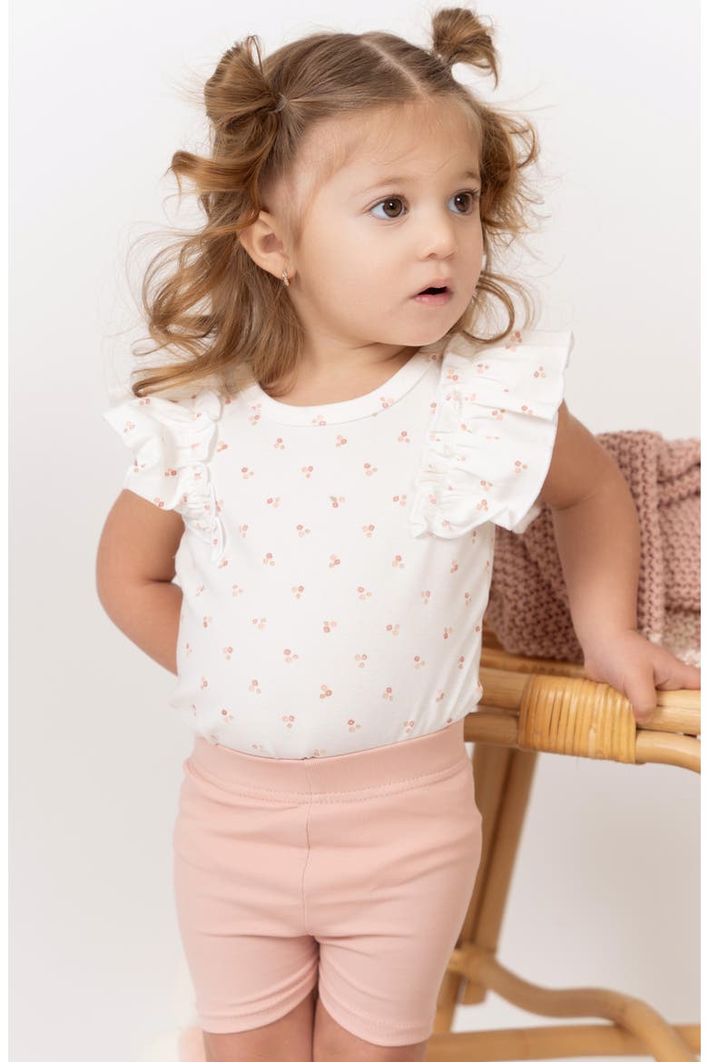 Kids' Flutter Sleeve Bodysuit & Shorts Set, Alternate, color, FLOWER/ PALE PINK