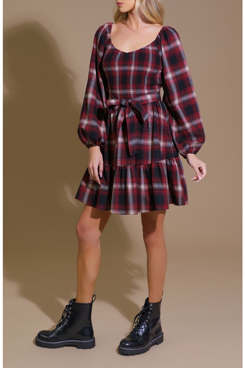 Plaid Long Sleeve Tie Waist Minidress, Alternate, color, RED/ BLACK