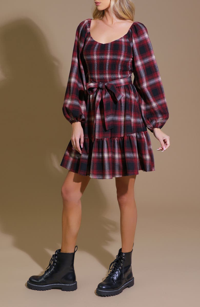 FLYING TOMATO Plaid Long Sleeve Tie Waist Minidress, Alternate, color, Red/ Black