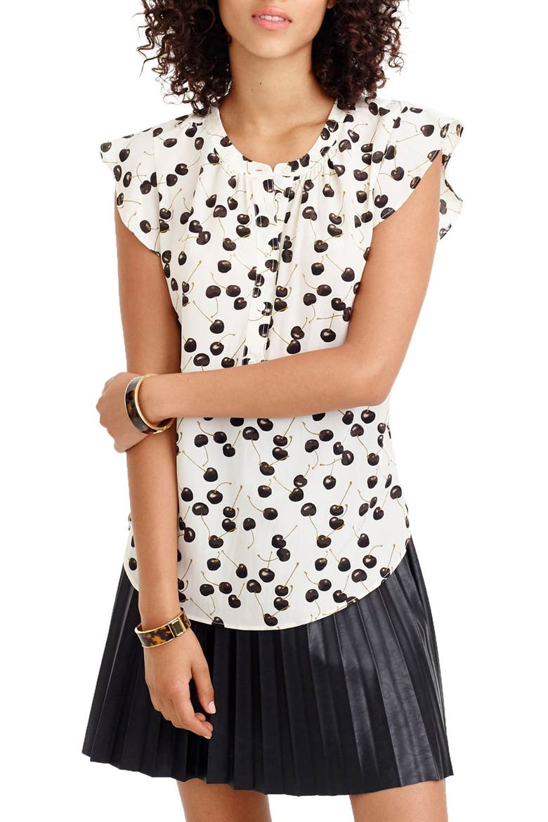 J.Crew Flutter Sleeve Silk Top, Main, color, CHERRY BLACK