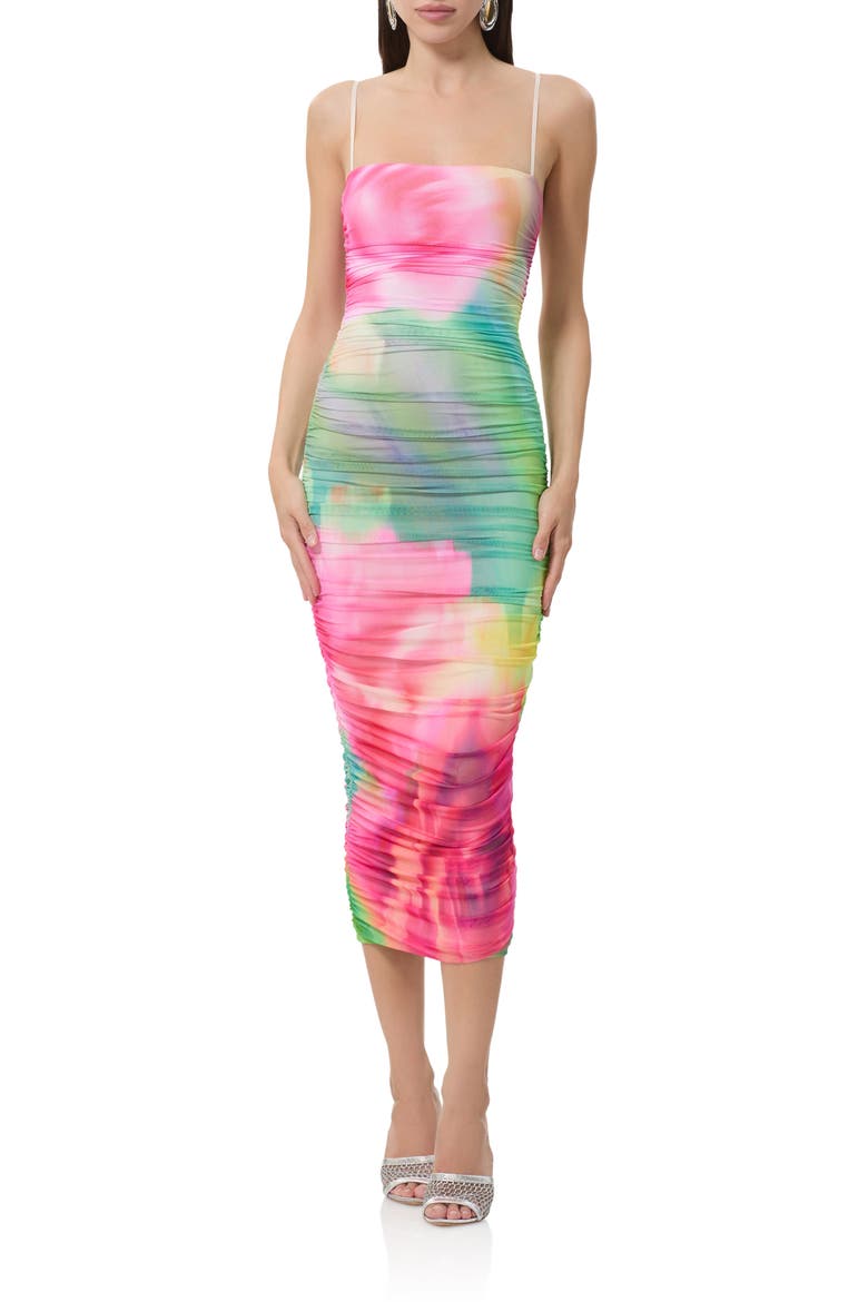 Hazel Ruched Mesh Midi Dress, Main, color, GREEN ROSE