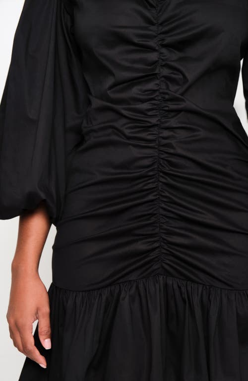 The Lulo Project Fuego Ruched Balloon Sleeve Stretch Cotton Fit & Flare Dress In Black