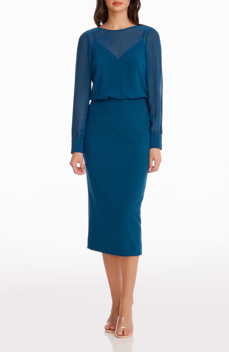 Dress the Population Pilar Mixed Media Long Sleeve Dress, Alternate, color, Peacock Blue