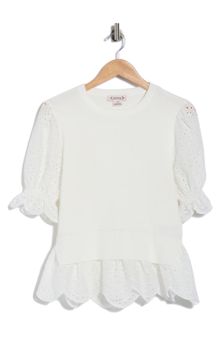 Nanette Lepore Eyelet Puff Sleeve Twofer Sweater, Main, color, White