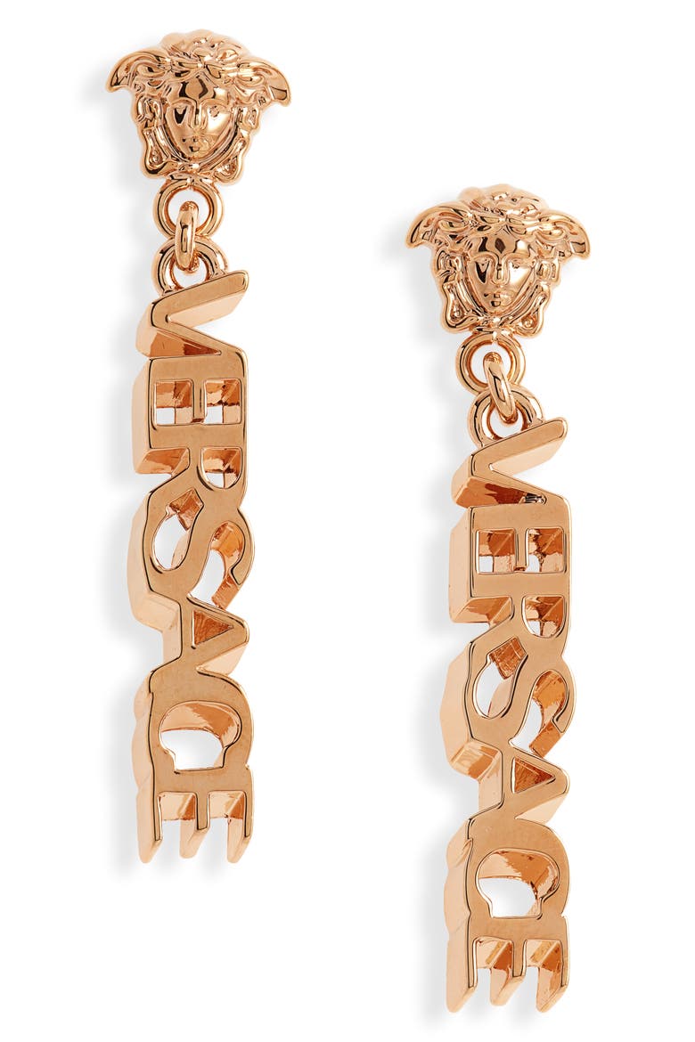 Signature Logo Drop Earrings, Main, color, VERSACE GOLD