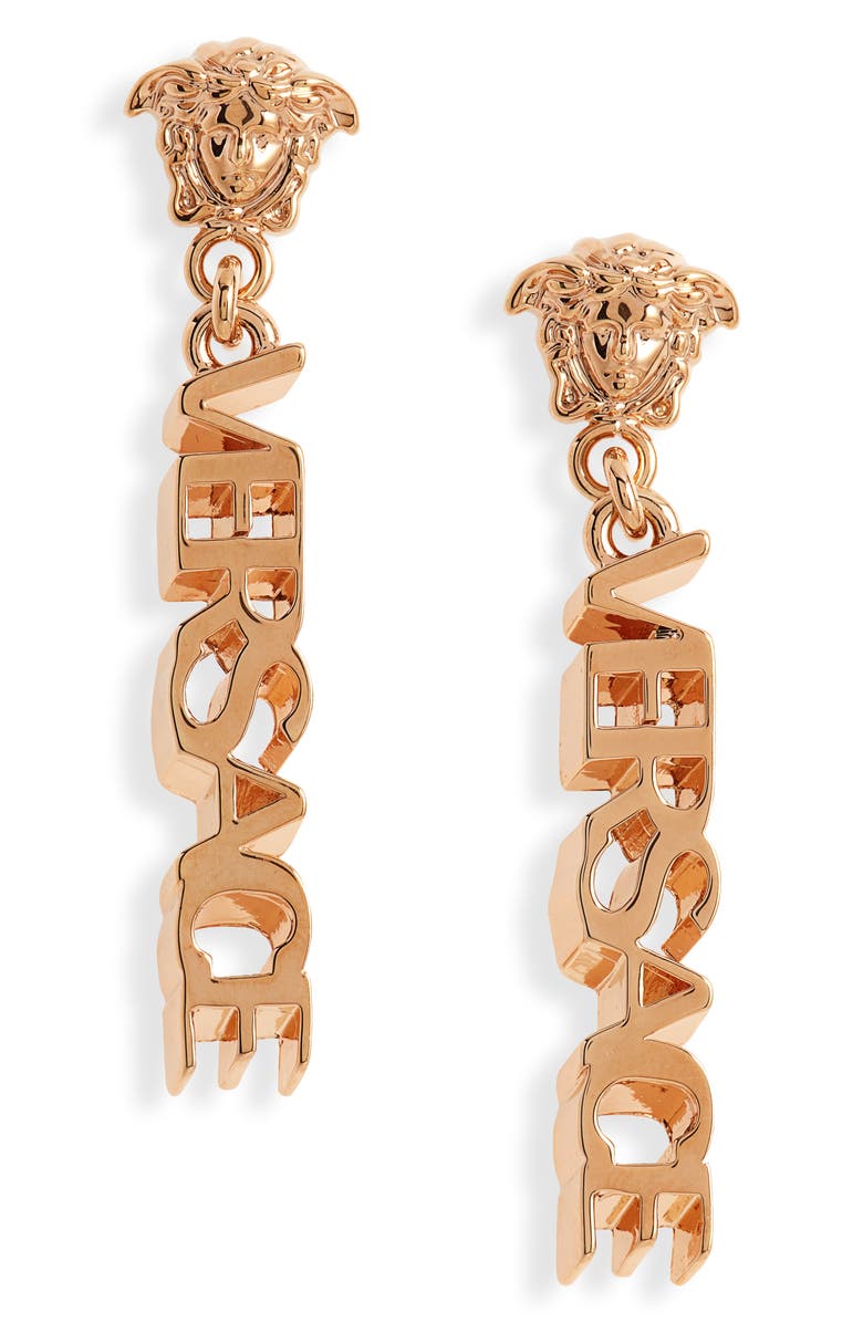 Versace Signature Logo Drop Earrings, Main, color, Versace Gold