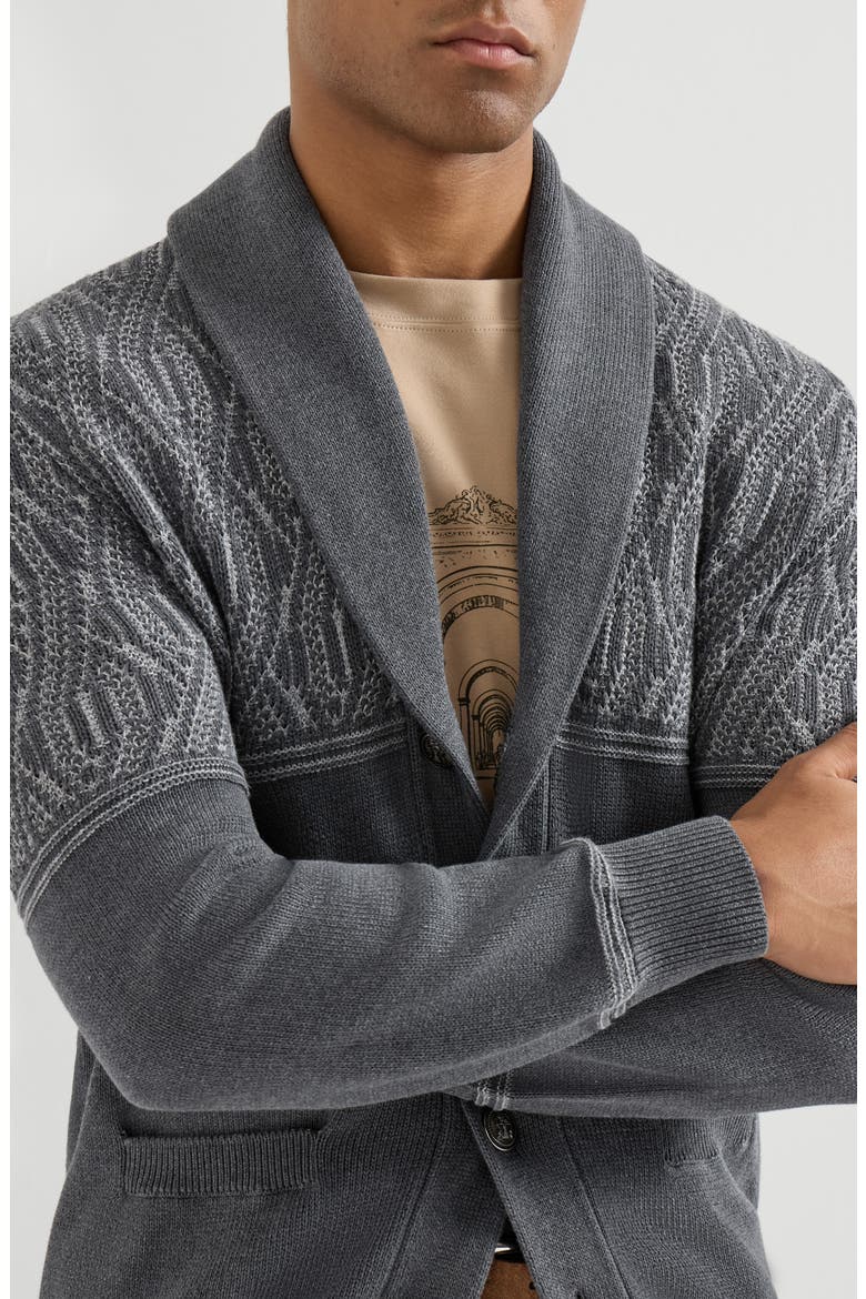 Cotton shawl collar cardigan with jacquard cable shoulder, Alternate, color, Medium Grey