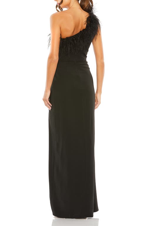 Mac Duggal One Shoulder Feather Trim High Slit Gown In Black
