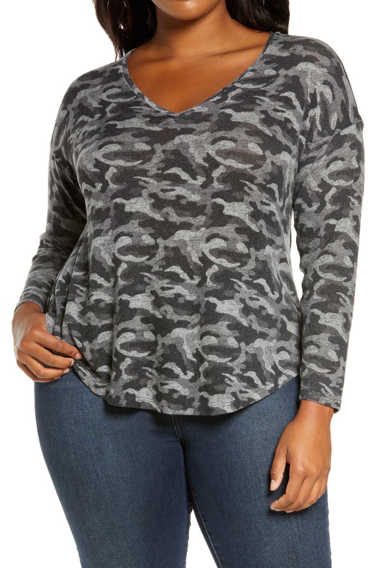 Sami Camo V-Neck Top, Main, color, CAMO BLACK