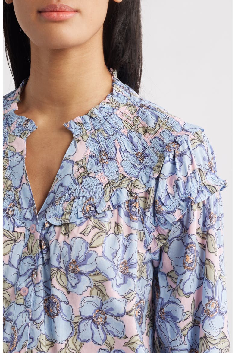 Floral Print Smocked Yoke Button-Up Top, Alternate, color, ROSE BLOOM/ BLUE CRUSH MULTI