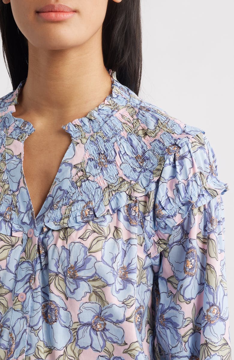 Wit & Wisdom Floral Print Smocked Yoke Button-Up Top, Alternate, color, Rose Bloom/ Blue Crush Multi
