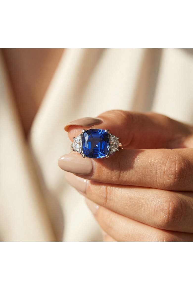 8.50Ct TW Cushion Blue Sapphire & Diamond 3-Stone Ring 14k Gold Lab Grown, Alternate, color, 14k White Gold