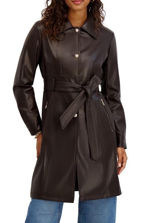 Belted Faux Leather Trench Coat