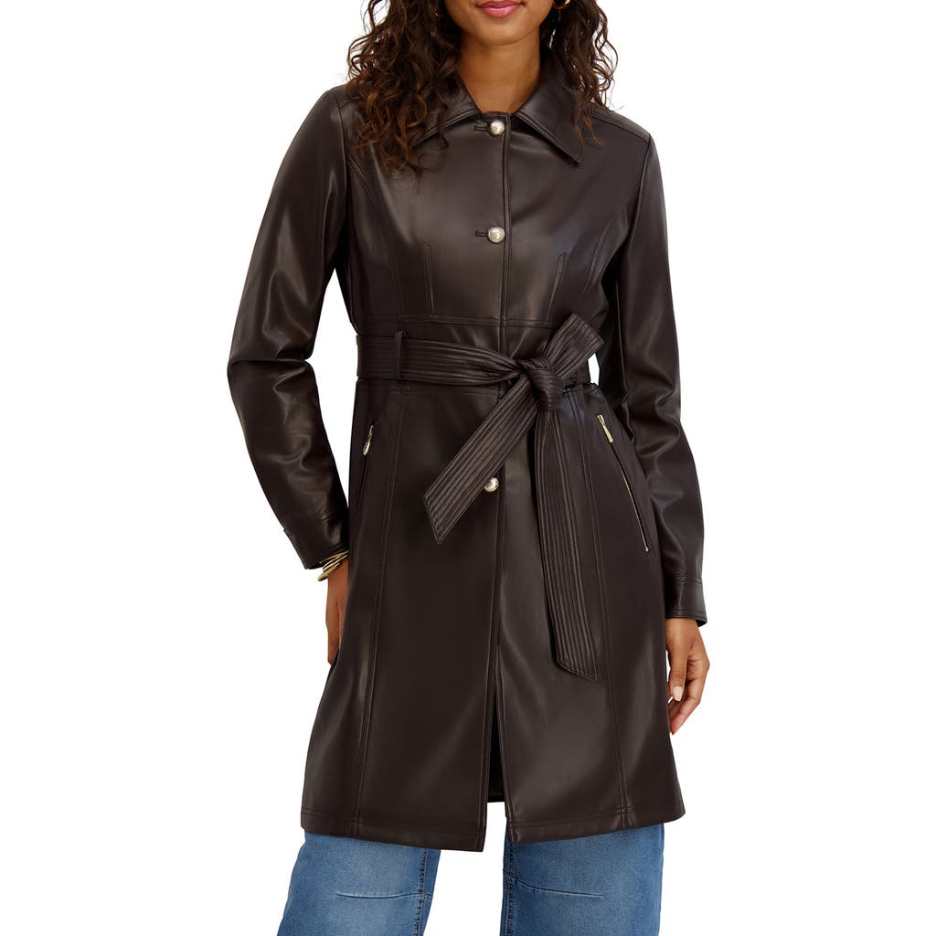 Kensie Belted Faux Leather Trench Coat In Brown