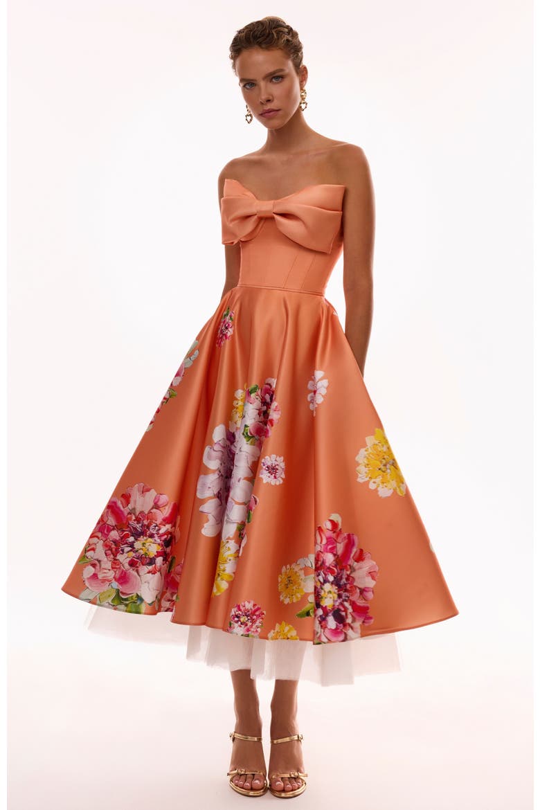 A-Line Satin Floral Print Midi Dress for Cocktail Events, Main, color, Orange Floral