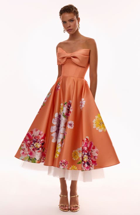A-Line Satin Floral Print Midi Dress for Cocktail Events