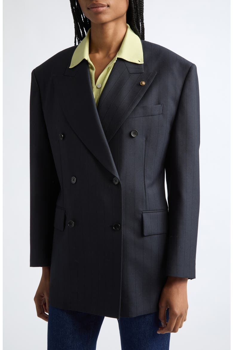 Pinstripe Double Breasted Virgin Wool Blazer, Alternate, color, DARK NAVY BLACK