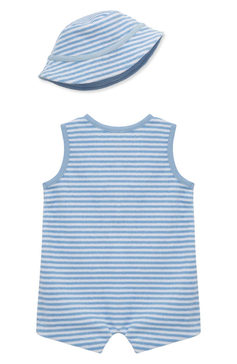 Little Me Stripe Terry Romper & Hat Set, Alternate, color, Blue