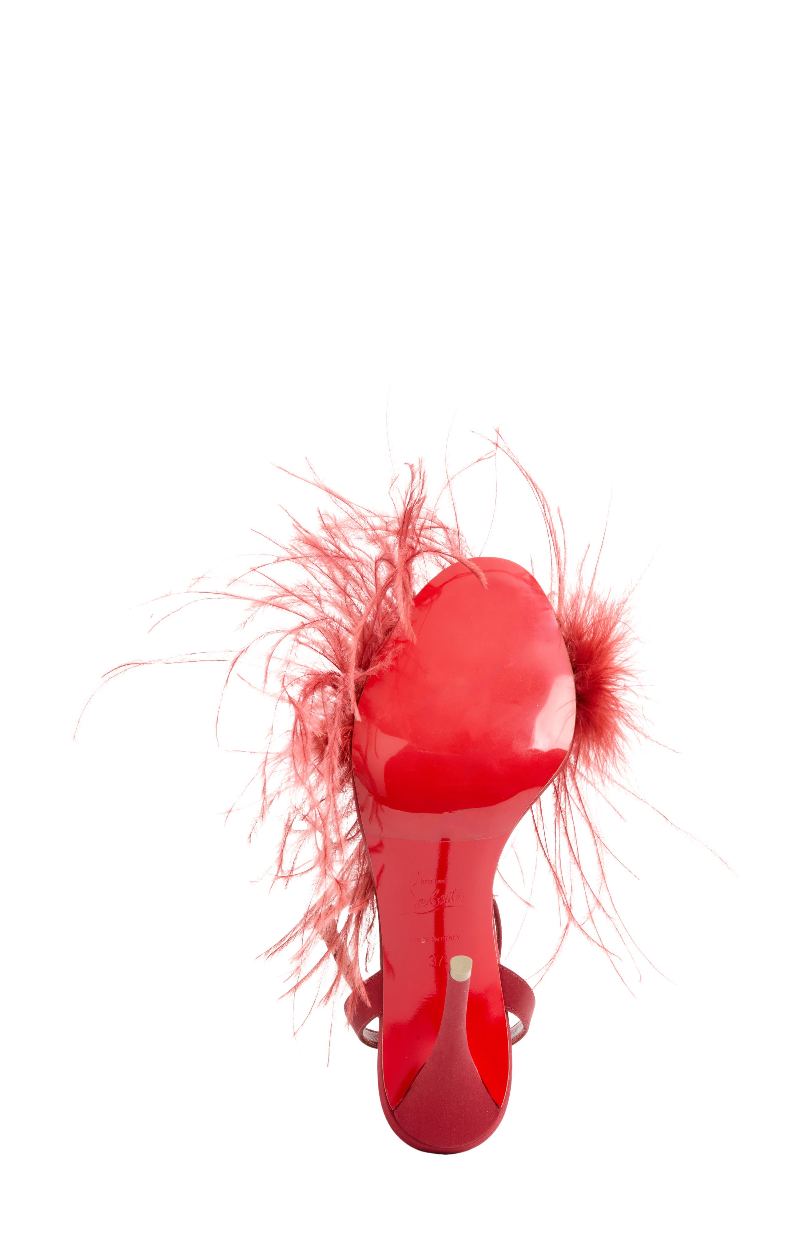 Miss Z Loubipoupi Feather Embellished Ankle Strap Sandal, Alternate, color, FEVER/ LIN FEVER