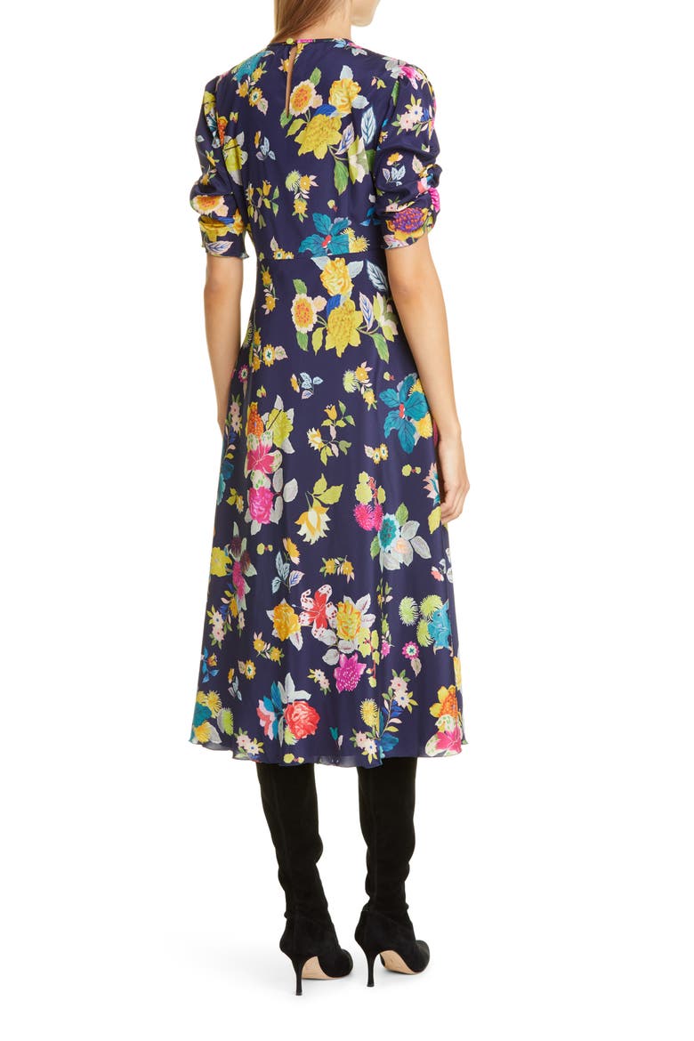 Floral Print Ruched Sleeve Midi Dress, Alternate, color, NAVY