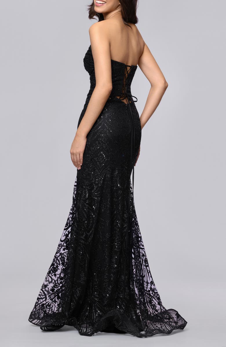 Blondie Nites Strapless Glitter Cutout Gown, Alternate, color, Black