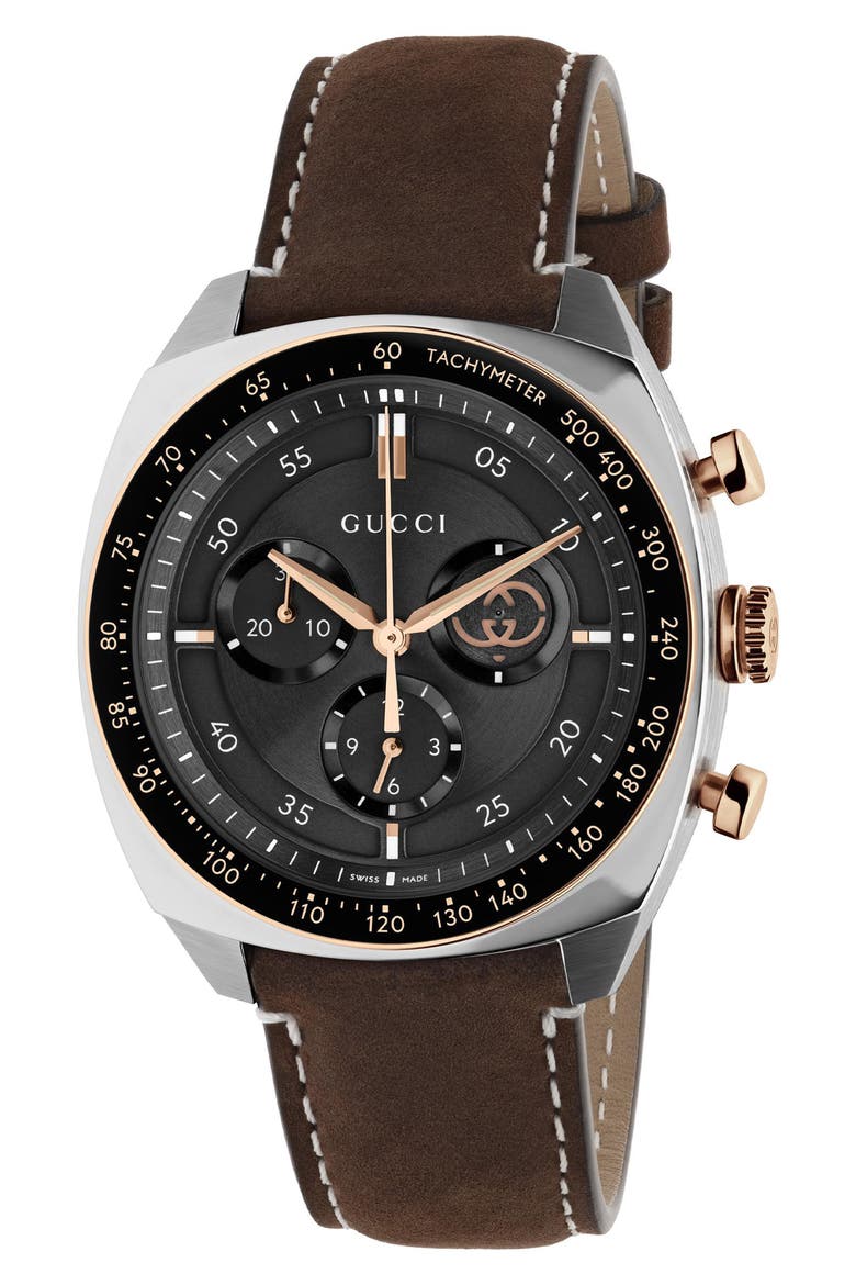 Interlocking Chronograph Leather Strap Watch, Main, color, BLACK/ BROWN