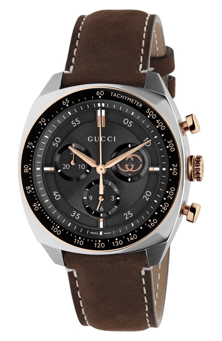 Gucci Interlocking Chronograph Leather Strap Watch, Main, color, Black/ Brown