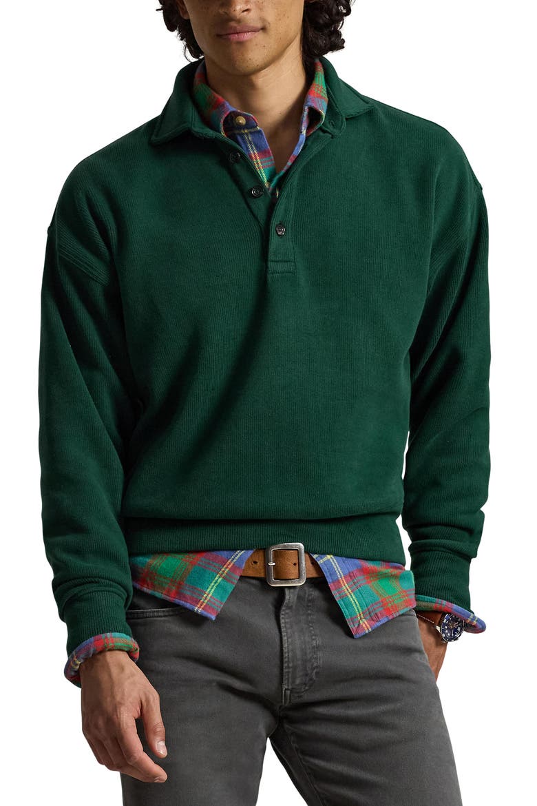 Sueded Heritage Rib Knit Button Pullover, Main, color, GREEN