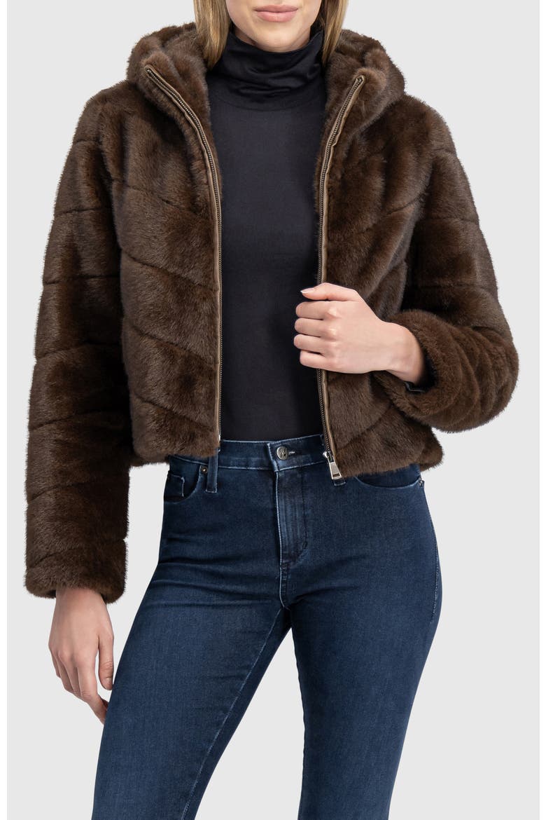 Fur-Free Mink (Faux Fur) Hooded Jacket, Alternate, color, BROWN