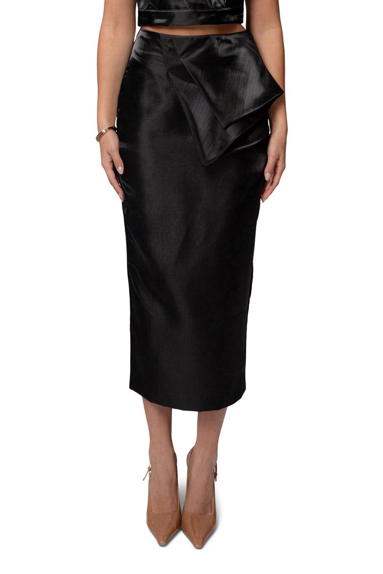 Reception Ruffle Satin Midi Skirt, Main, color, BLACK