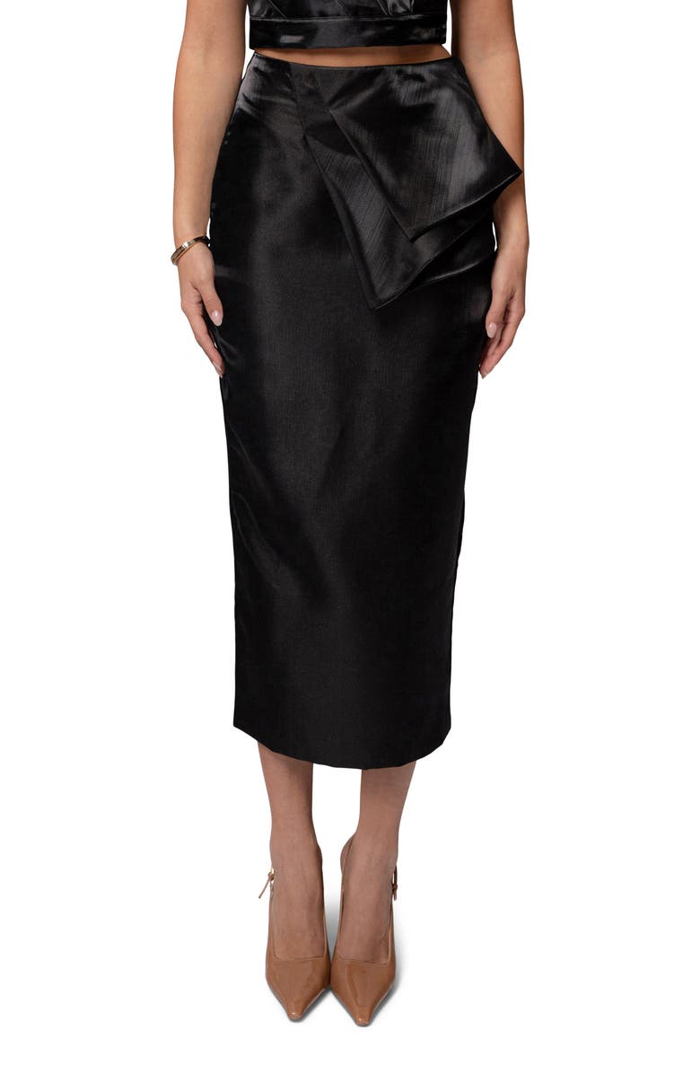 JLUXLABEL Reception Ruffle Satin Midi Skirt, Main, color, Black