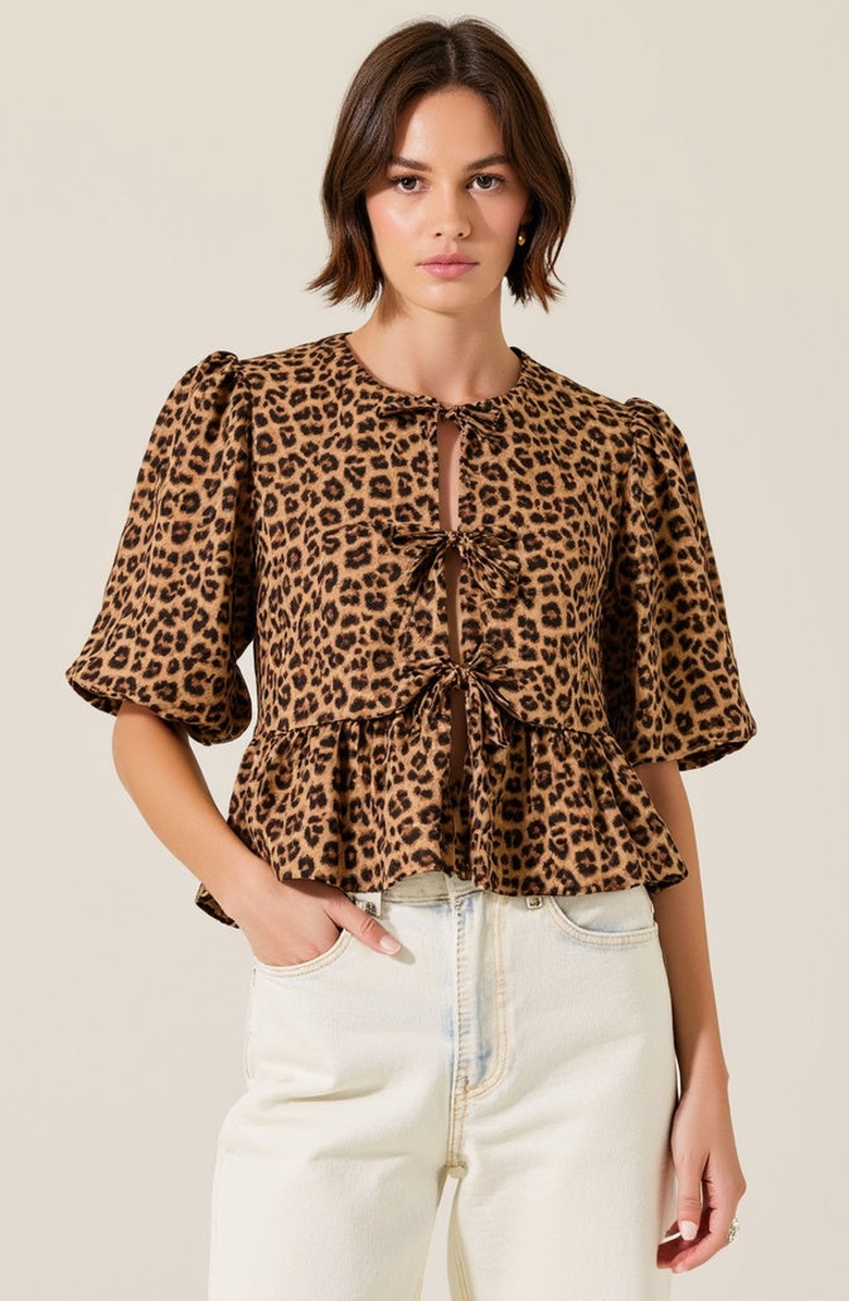Modenaire Peplum Top With Front Tie Closures And Short Puff Sleeves, Alternate, color, Leopard Print